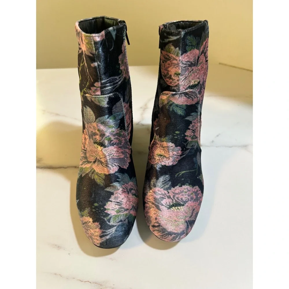 Floral Velvet Block Heel Ankle Boots Pink Green Black Round Toe Side Zip 8.5